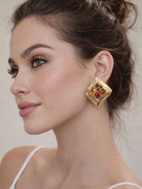 Vintage Gold Tone Statement Earrings Colorful Rhinestone Square Studs